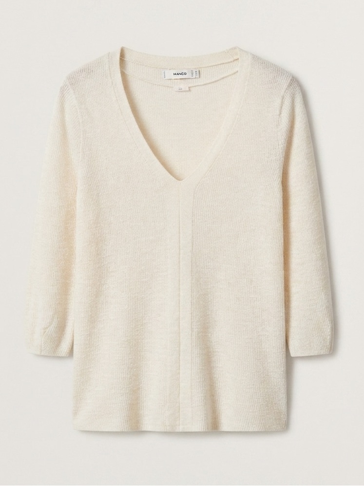 Mango Cream Ribbed V-Neck Knit Sweater Top Light 3/4 Sleeve Cozy Minimalism S